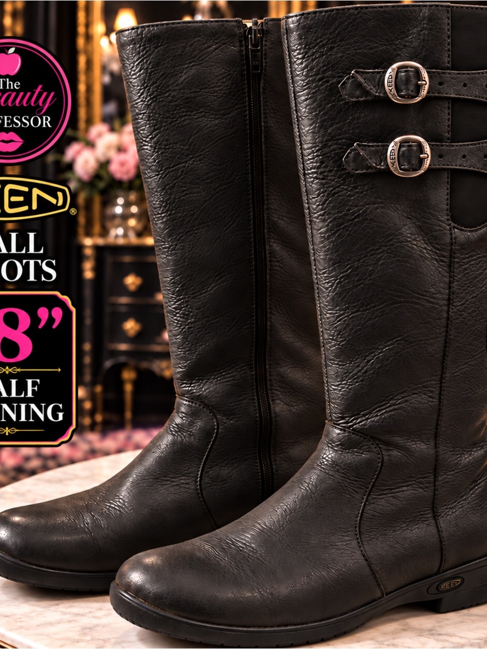 KEEN Black Leather 18in Wide Calf Tall Riding Boots Size 9 Zip